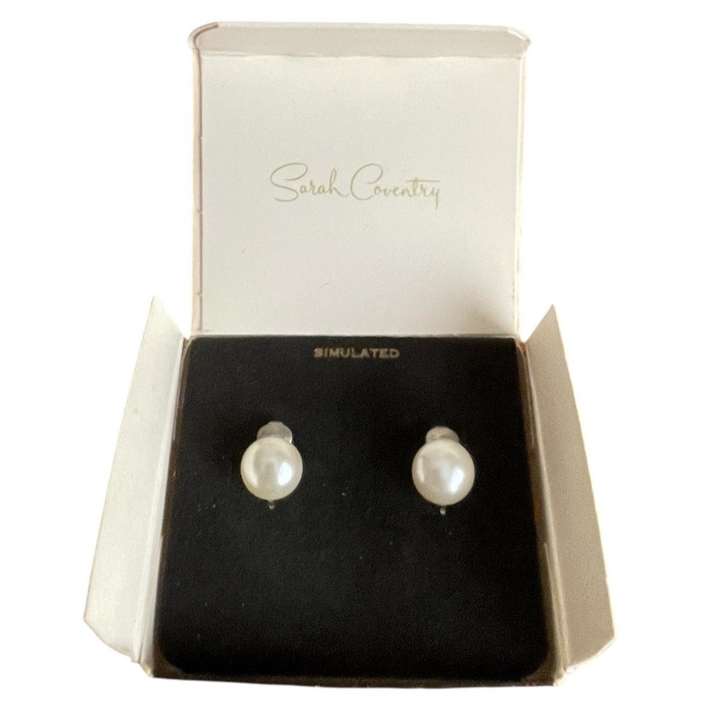 Vintage Sarah Coventry Earrings Faux Pearl Button Clip On In‎ Original Box #7646